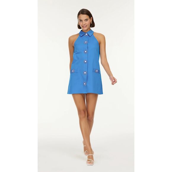 NWT My Beachy Side Amber Hand Crochet Buttons Halter Mini Dress in Blue Sz Small - Picture 2 of 16